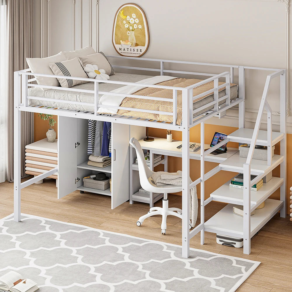 Kinderhoogslaper – Hoogslaper – Stapelbed – Halfhoogslaper – Multifunctioneel Bed – Wit 140x200cm – Met Kast En Bureau – Stevig Ijzeren Frame