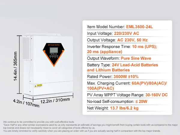 Omvormer - Inverter voor Zonnepanelen - Hybride Zonne-omvormer - 3500W - Pure Sine Wave Off-Grid Inverter met Acculader - 230V AC - Ondersteunt Zonnepaneel & Netstroom Opladen - Voor Zelfvoorzienende Energie