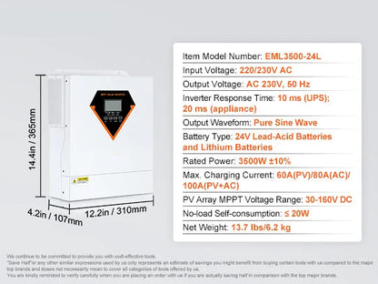 Omvormer - Inverter voor Zonnepanelen - Hybride Zonne-omvormer - 3500W - Pure Sine Wave Off-Grid Inverter met Acculader - 230V AC - Ondersteunt Zonnepaneel & Netstroom Opladen - Voor Zelfvoorzienende Energie