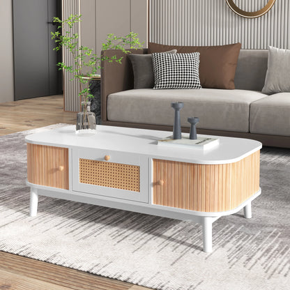Salontafel – Rattan Salontafel – Houten Tafel – Koffietafel – Woonkamer Tafel – Met Handgemaakte Massief Houten Schuifdeuren – Ruime Opbergruimte en Natuurlijke Walnotenkleur