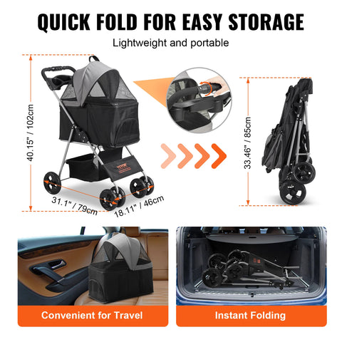 Stroller - Dog stroller - Dog buggy - Dog cart - 35lbs 4 wheels - with brakes Storage basket Cup holder - for cats and dogs Travel accessories