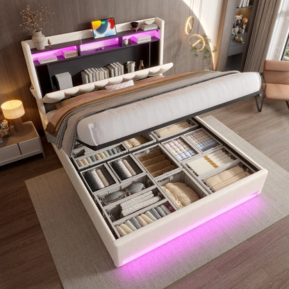 Bedframe 160x200 cm – Fluwelen Bed – Slaapkamerbed – Opbergbed – LED Bedframe – Ivoor – Verstelbaar Hoofdeinde Met LED – Extra Opbergruimte Met USB-Aansluiting