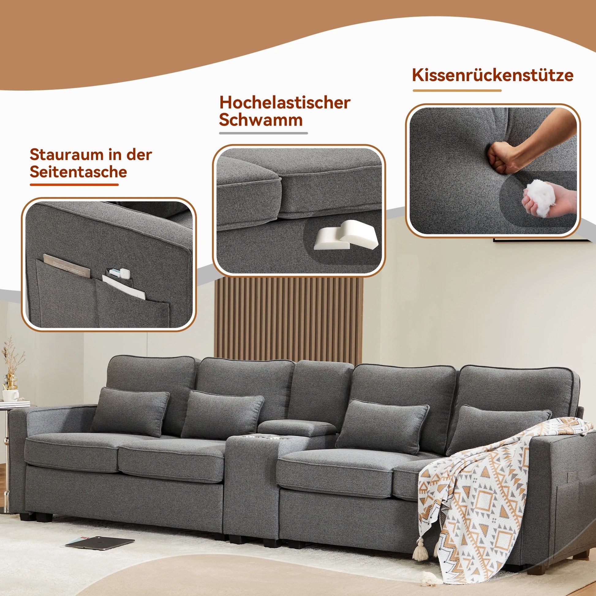 Bank – Sofa – Zitsalon – Zitmeubel – 4-5 Persoons – Ademend Linnen – Ingebouwde USB-Poort - QUORE