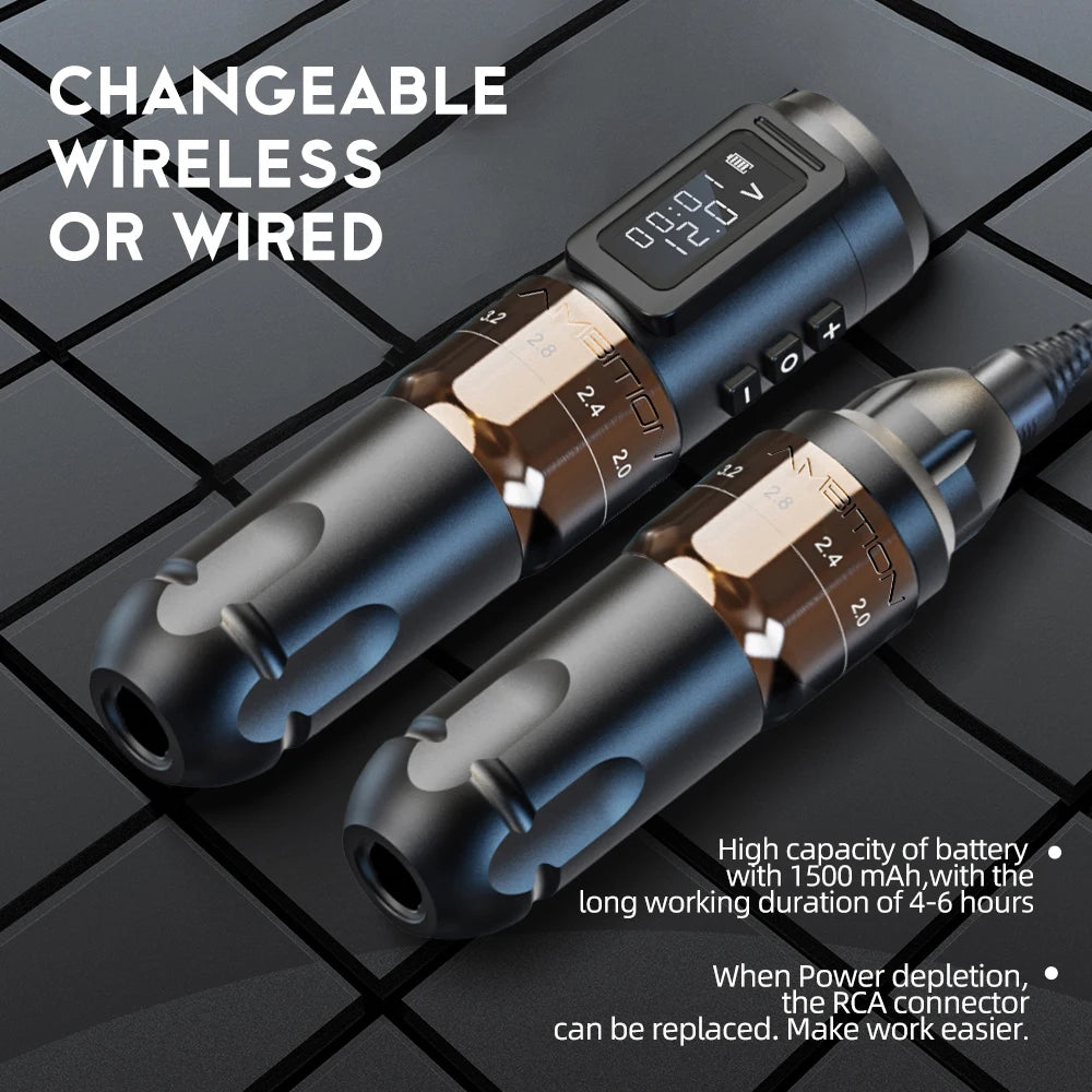 Ambition - MARS-U- Tattoo Machine - Tattoo pen - Tattoo Set - Complete set voor beginners & gevorderden - Tattoo Machine Pen - Verstelbare slag 2-4 mm - 1800mAh - 12V - 10500RPM - Goud - QUORE