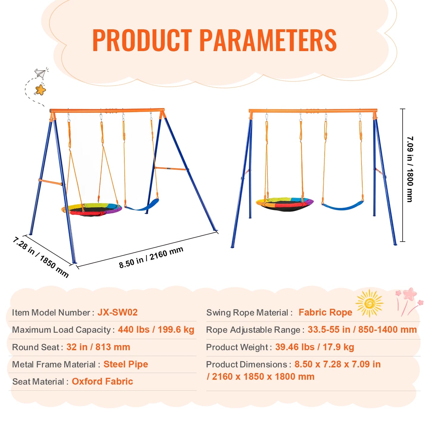 Kinderschommel - Schommel - Outdoor Schommel - 3-in-1 - Metalen A-Frame Schommel - Tuinspeelgoed - Voor 3-6 Jaar - Tot 272 kg - 2 Personen