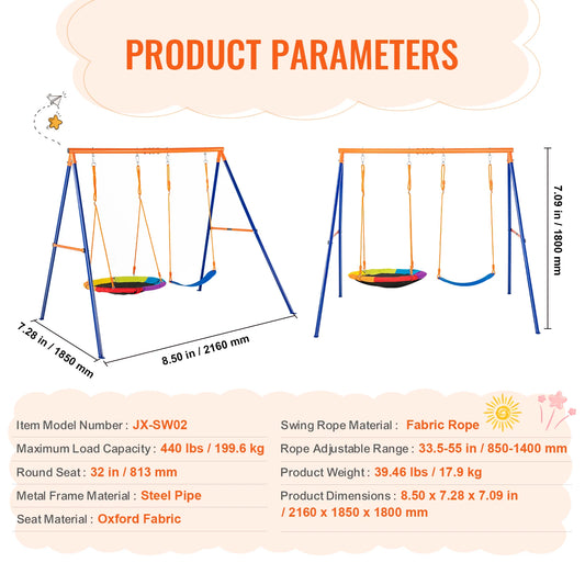 Kinderschommel - Schommel - Outdoor Schommel - 3-in-1 - Metalen A-Frame Schommel - Tuinspeelgoed - Voor 3-6 Jaar - Tot 272 kg - 2 Personen