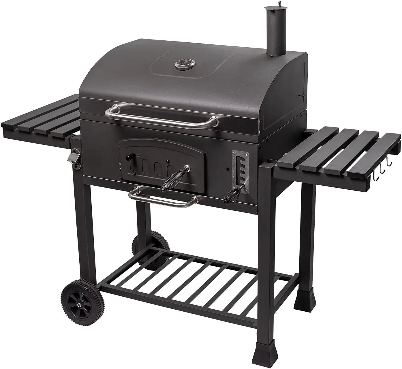 Houtskoolgrill - BBQ-rokergrill -  met Grillroosters - Thermometer - Planken - Haken - Verstelbare Houtskoollade - Wielen - Groot Grilloppervlak - voor Buiten - Tuin - Achtertuingrillen - 152 x 60 x 136 cm - Zwart