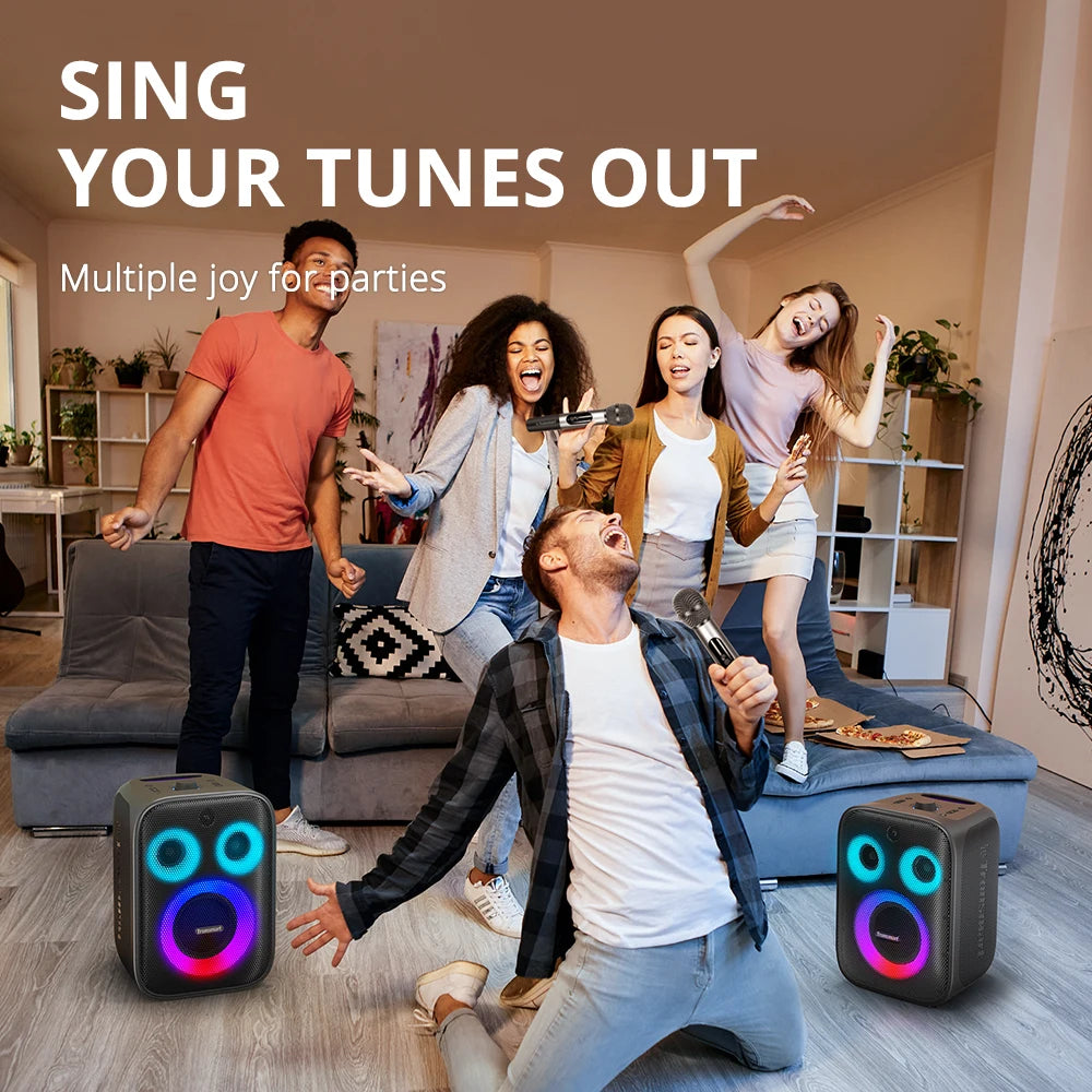 Bluetooth Speaker - Speakers - Partybox - Muziekbox - 120W - met 2 Microfoons - Gitaaringang en 3-Weg Geluidssysteem - Draagbare Speaker - Karaoke - met Lichtshow en Bedrade/Built-in Mic - Zwart