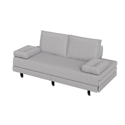 2-Zits Slaapbank – Slaapsofa – Bedbank – Sleeperbank – Bankbed – Grijs Linnen – Uittrekbaar 180x200 cm – Met Houten Lattenbodem & Wieltjes