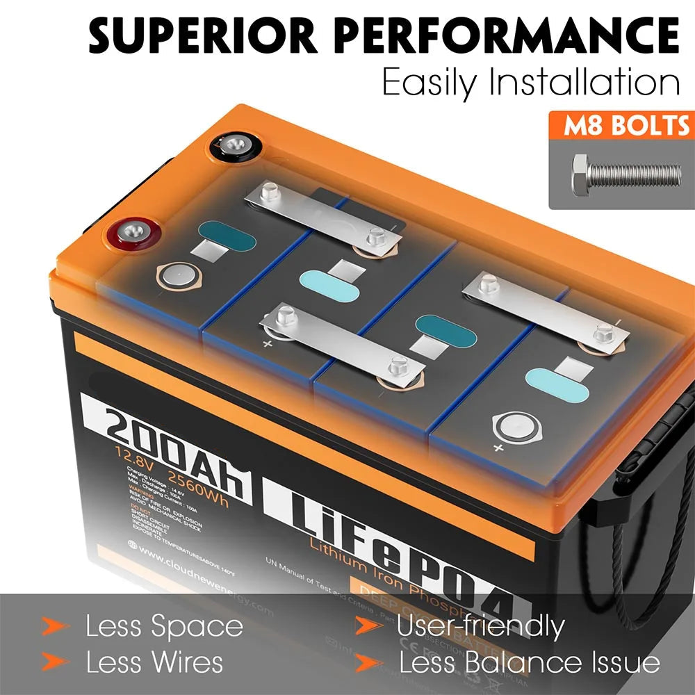 12V Lithium Accu – LiFePO4 Accu – Boot Accu – Kampeer Accu – Backup Accu – 200Ah Capaciteit – IP67 Waterdicht