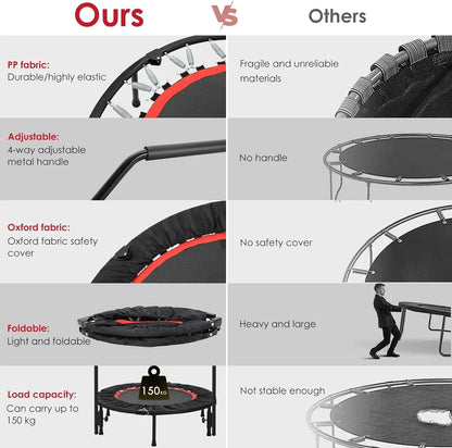 Folding Mini Trampoline,Exercise Trampoline with Adjustable Handle, Rebounder Trampoline for Adults Fitness, Indoor Trampoline