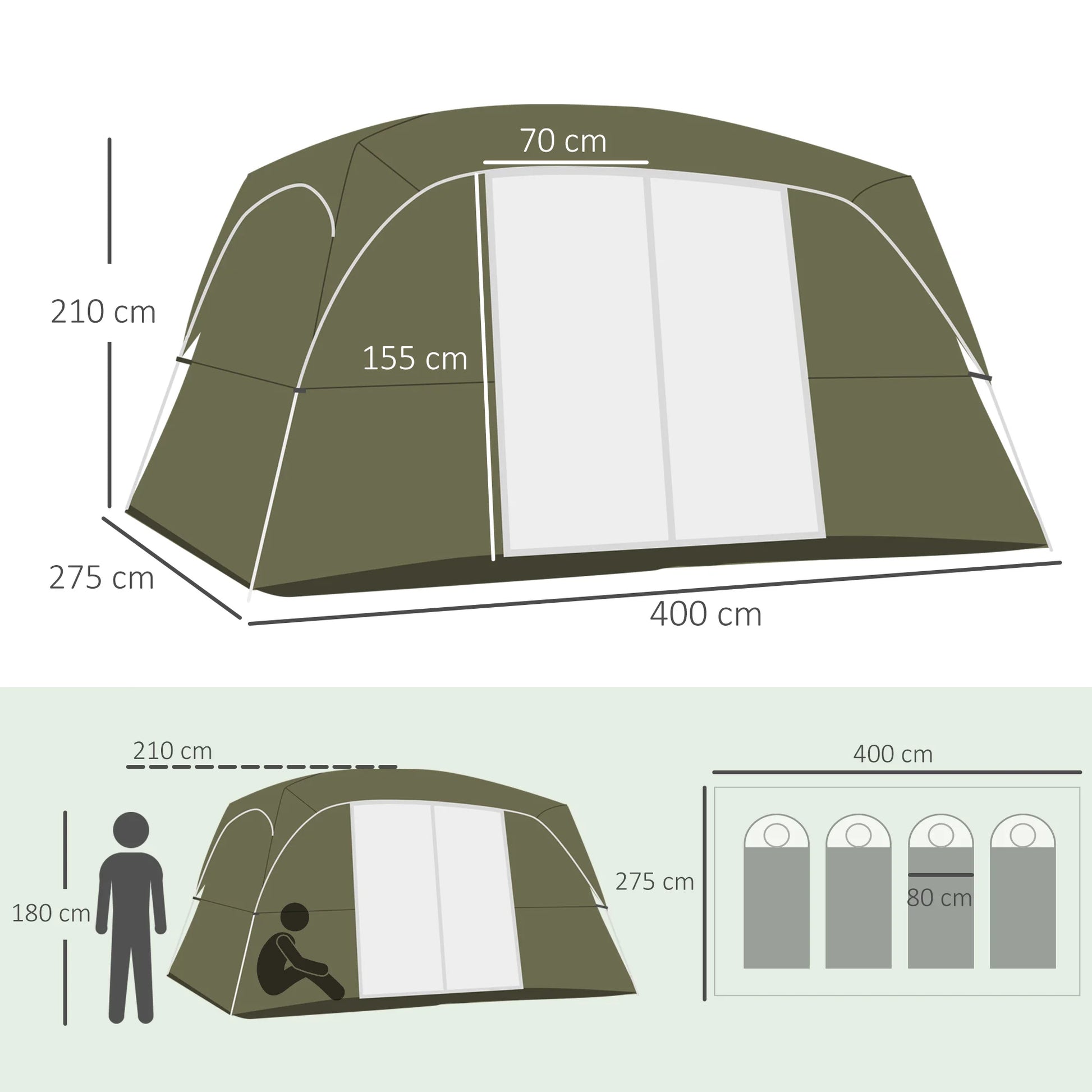Gezinstent met 2 Slaapkamers - 400x275x210 cm Groene Tent - Waterdicht - UV-bestendig - Flexibele Glasvezel Stokken - 4-8 Personen - QUORE