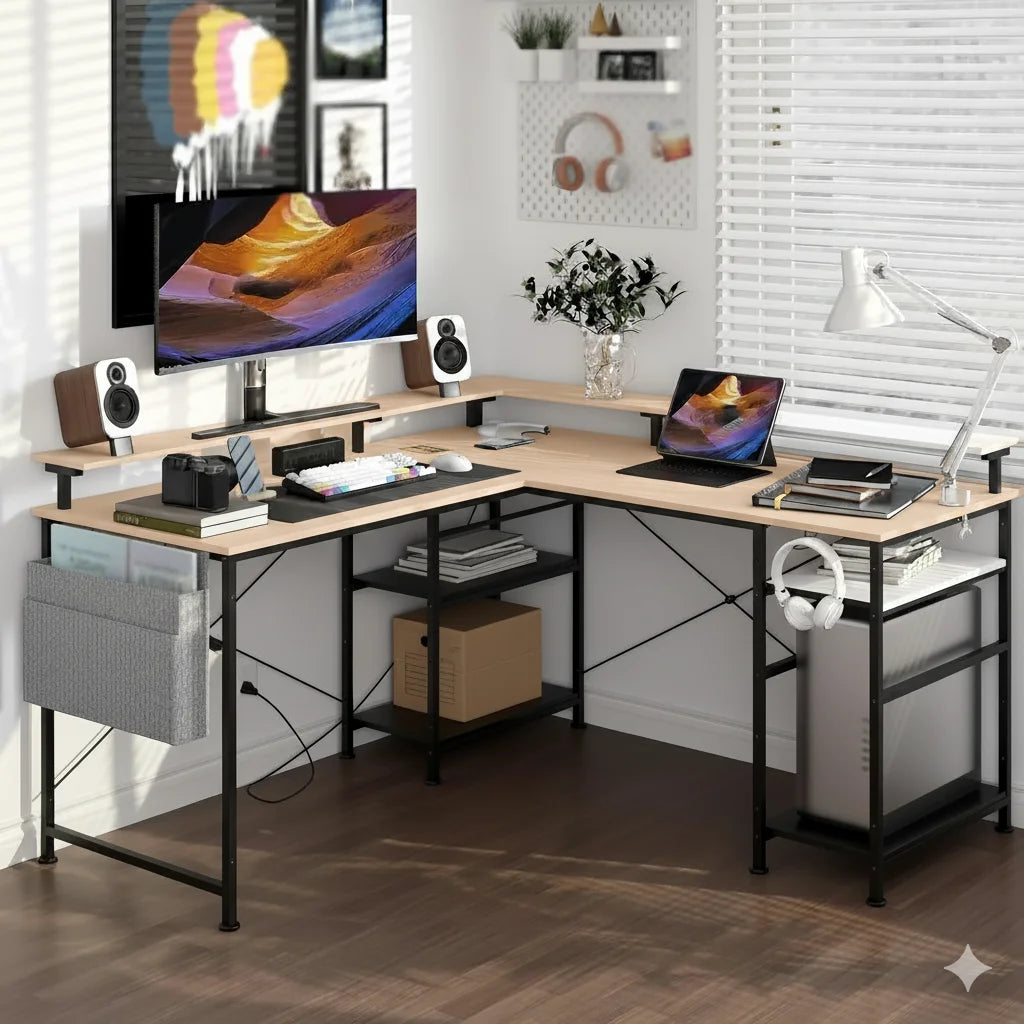 Gamemeubel – Hoekbureau – Computerbureau – Computertafel – Laptop bureau – Carbonfiber – 2-in-1 Omkeerbaar Ontwerp – Ergonomische Monitorstandaard & Powerhub - QUORE