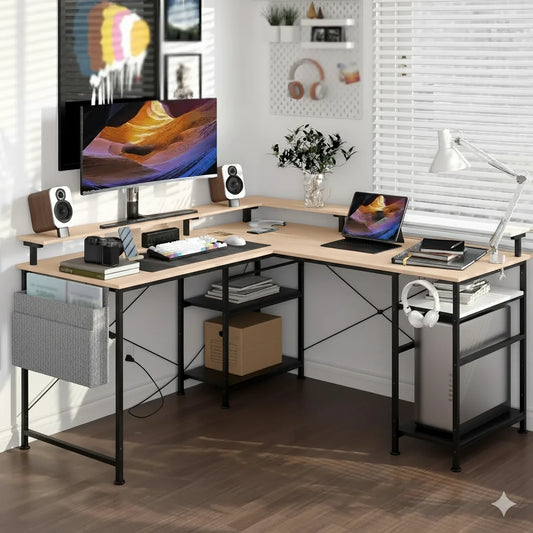 Gamemeubel – Hoekbureau – Computerbureau – Computertafel – Laptop bureau – Carbonfiber – 2-in-1 Omkeerbaar Ontwerp – Ergonomische Monitorstandaard & Powerhub - QUORE