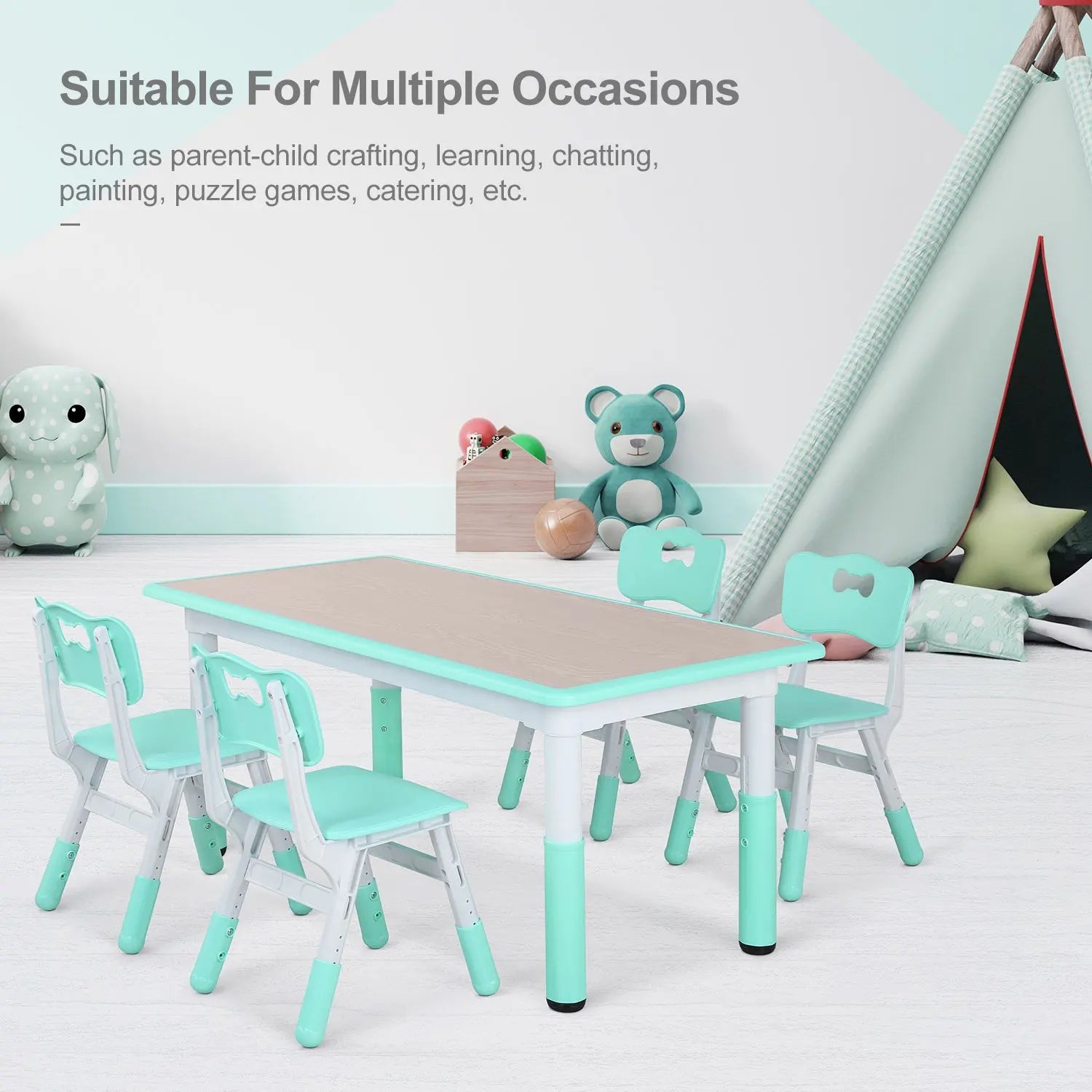 Kindermeubelset – Kinder Tafel En Stoelen – Speelset – Verstelbare Kindermeubels – Kindertafel Met Stoelen – Verstelbare Hoogte – Stevig Milieuvriendelijk Materiaal - Groen - QUORE