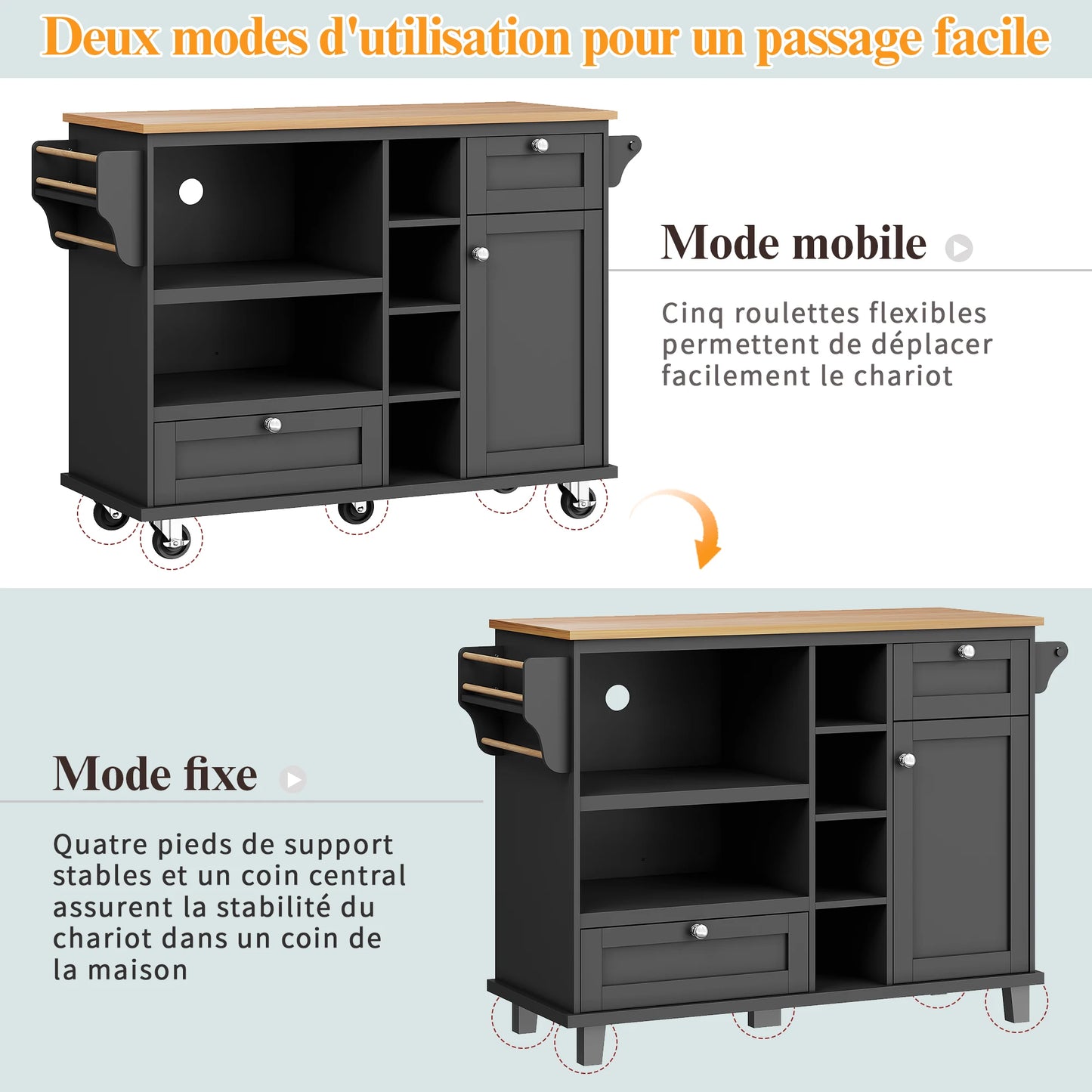 Serveertrolley – Keukentrolley – Serveerwagen – Mobiele Trolley – Opbergtrolley – Zwart MDF Frame – Lichtbruin Houten Werkblad – 2 Laden – 4 Wieltjes Met Remmen