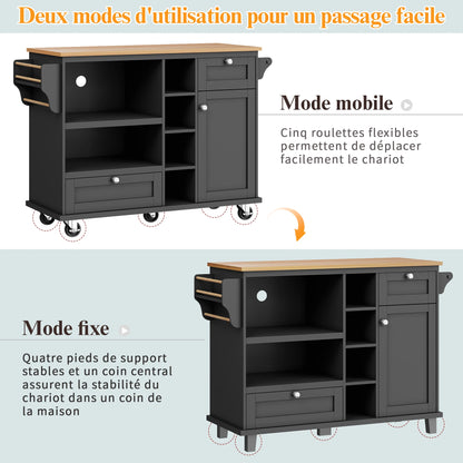 Serveertrolley – Keukentrolley – Serveerwagen – Mobiele Trolley – Opbergtrolley – Zwart MDF Frame – Lichtbruin Houten Werkblad – 2 Laden – 4 Wieltjes Met Remmen