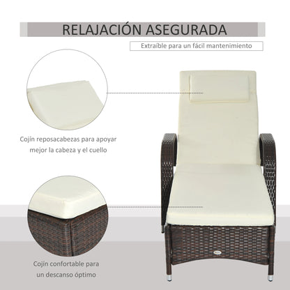 Rattan Tuin Lounger met Verstelbare Rugleuning en Kussens - 2 Wielen - Bruin Outdoor Zonnebed - QUORE