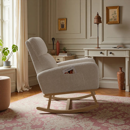 Schommelstoel – Relaxstoel – Fauteuil – Lounge Stoel – Ergonomische Stoel – Wit – Velvet Bekleding – Massief Hout & Metaal