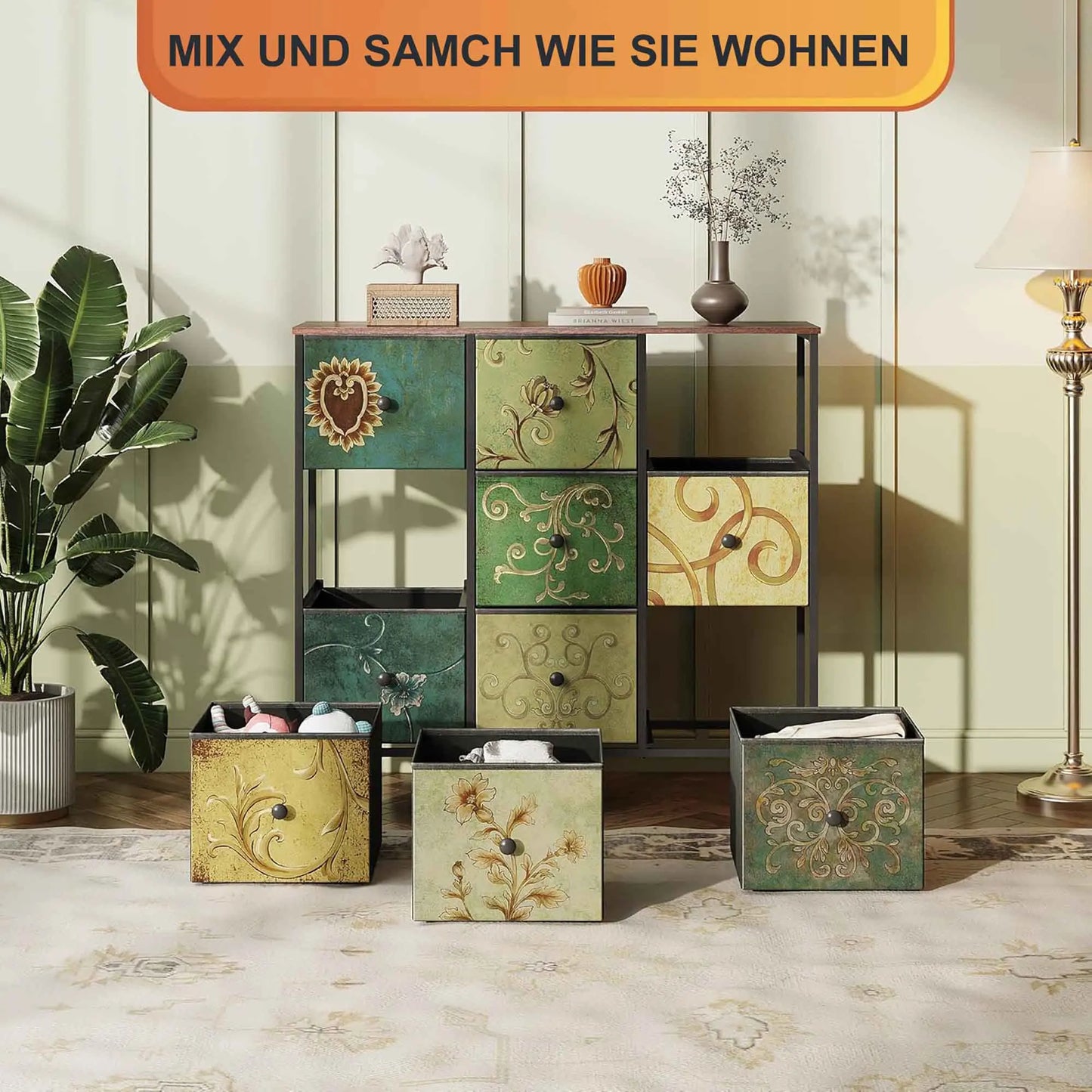 Ladenkast - Dressoir Kasten - Ladekast met 9 Stoffen Lades - Vintage Houtlook - Stabiele Opbergkast - Metaal Frame - Voor Slaapkamer - Woonkamer - Hal - 100 x 30 x 86.5 cm - Antiquiteit