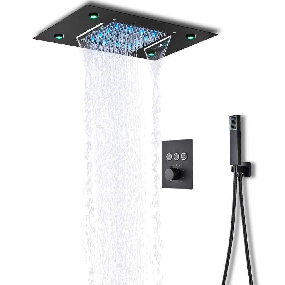 Douche - Regendouche - Douchewand - Douchekolom - Douchepanelen - LED Thermostatische Regendouche – Plafondmontage, Waterval & Afstandsbediening - Matte Zwart