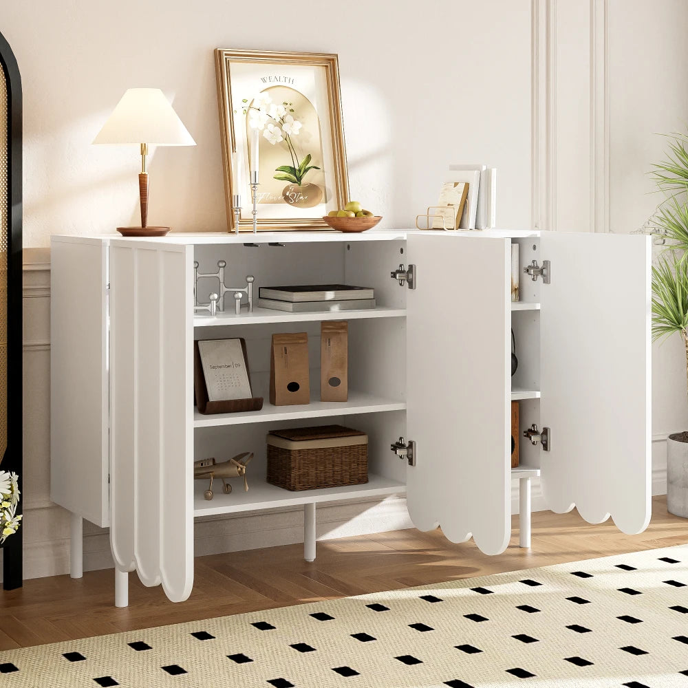 Modern Dressoir – Wit Dressoir – Sideboard – Opbergkast – Buffetkast – Handenvrij Met Golvende Deuren – Verstelbare Legplanken – Compact 120x35x80 cm