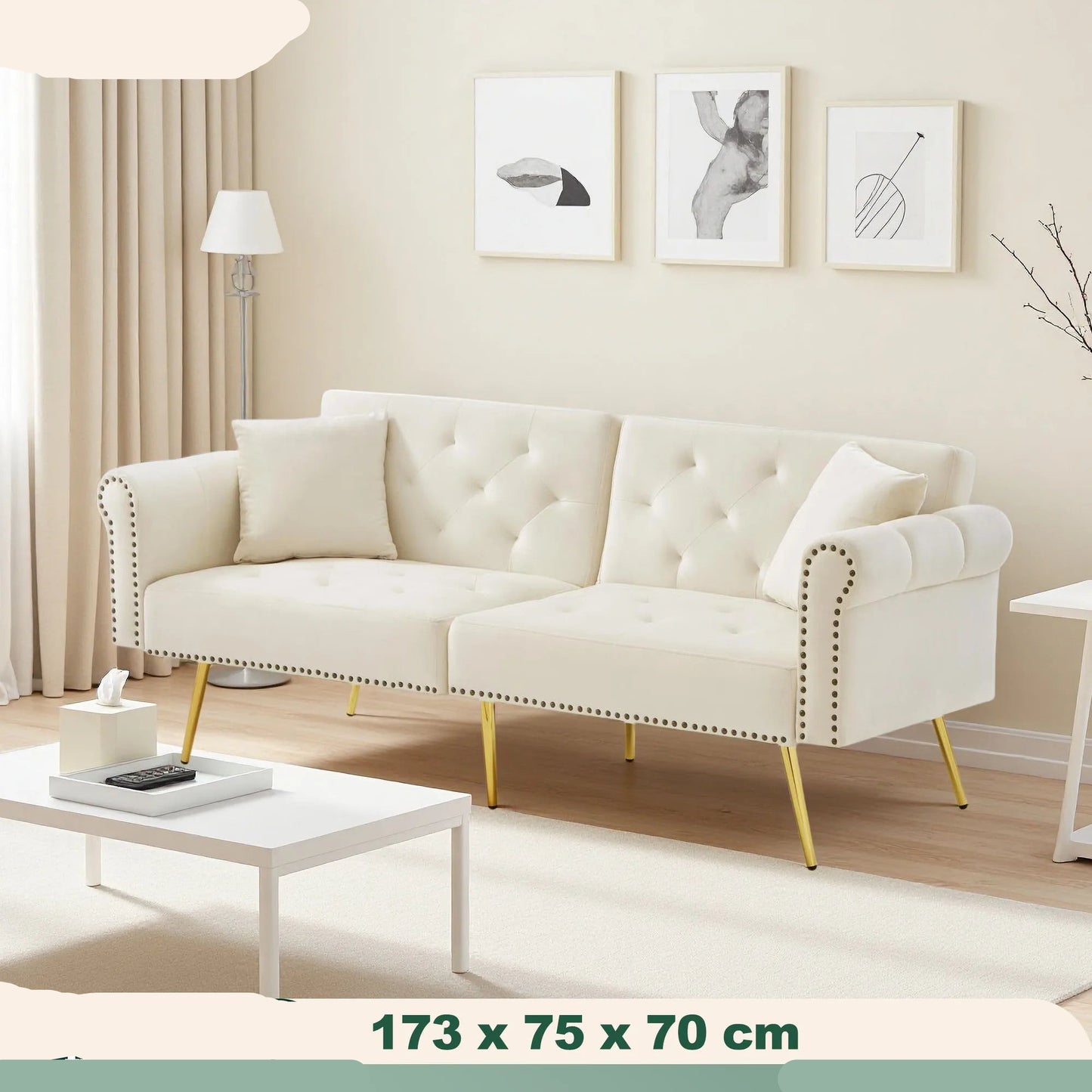 2-Zitsbank – Sofa Bed – Velours Bank – Slaapbank – Loungebank – Verstelbare Rugleuning – Gouden Metalen Poten