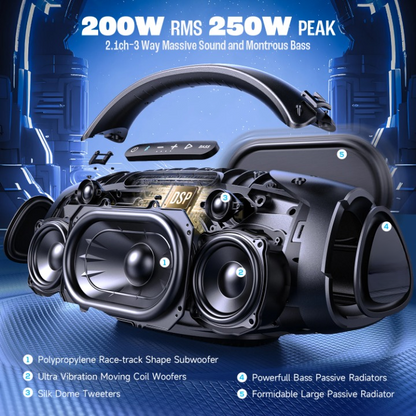 Luidspreker - Bluetooth-Luidspreker - Bluetooth Speaker - Draadloos Party Boombox - met Enorme Bas - Compatibele met Tablet - Smartphone - 200W - IP67 - 9000mAh - 3-weg geluidssysteem - Zwart