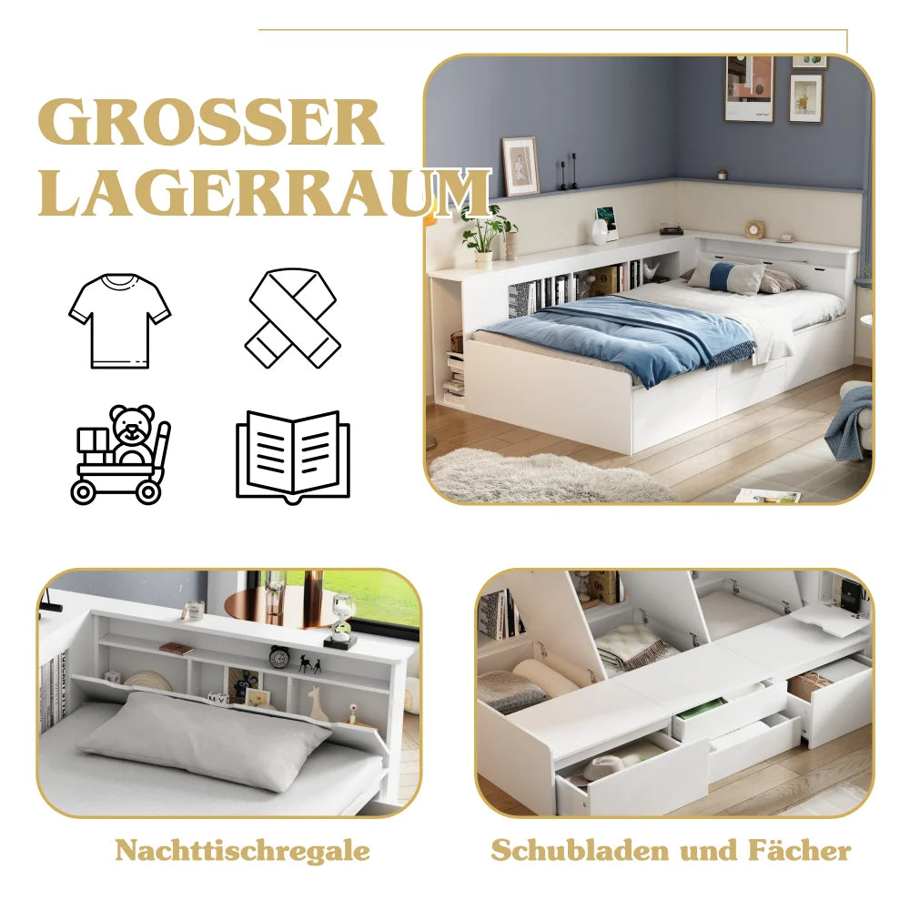Bedbank Kinderen – Kinderbed – Jeugdbed – Eenpersoonsbed – Kinderbedbank – Met 4 Laden – MDF Wit 90x200 cm