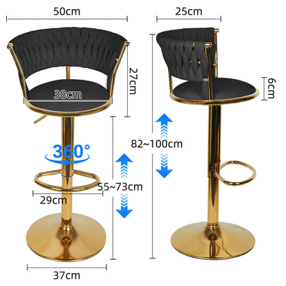 Barstoel – Barkruk – Keukenstoel – Statafelstoel – Barstoel Set – Velvet Bekleding – Verstelbare Hoogte – Draaibaar – Gevlochten Rugleuning – Grijs – Set van 2 - QUORE