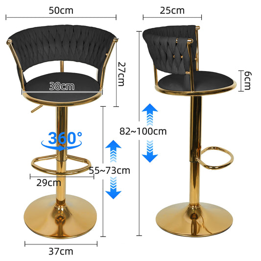 Barstoel – Barkruk – Keukenstoel – Statafelstoel – Barstoel Set – Velvet Bekleding – Verstelbare Hoogte – Draaibaar – Gevlochten Rugleuning – Grijs – Set van 2 - QUORE