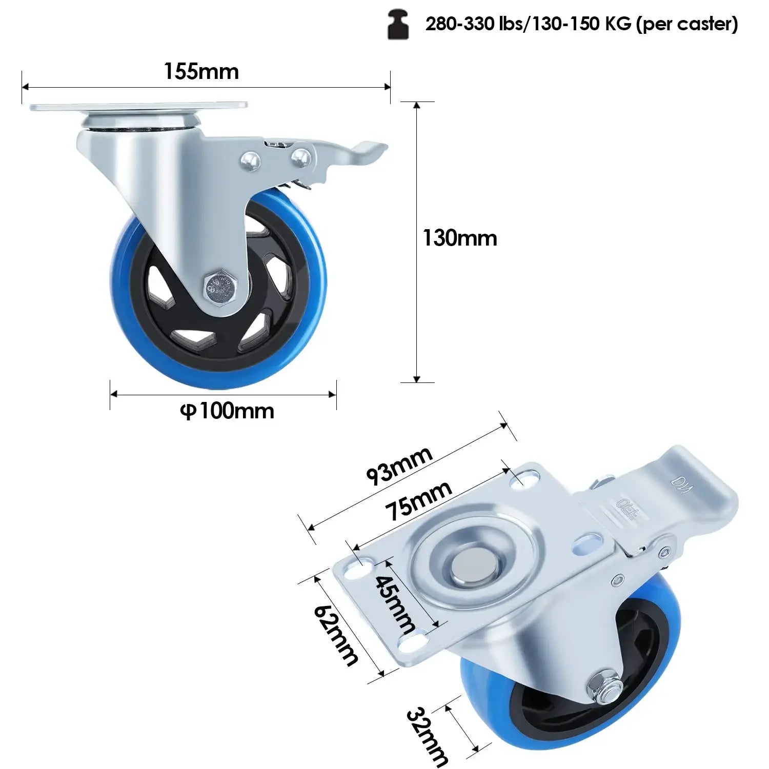 Zwenkwielen – Zwenkwiel Set – Meubelwielen – Transportwielen – Remwielen – 100mm Diameter – Draagvermogen 150kg - QUORE