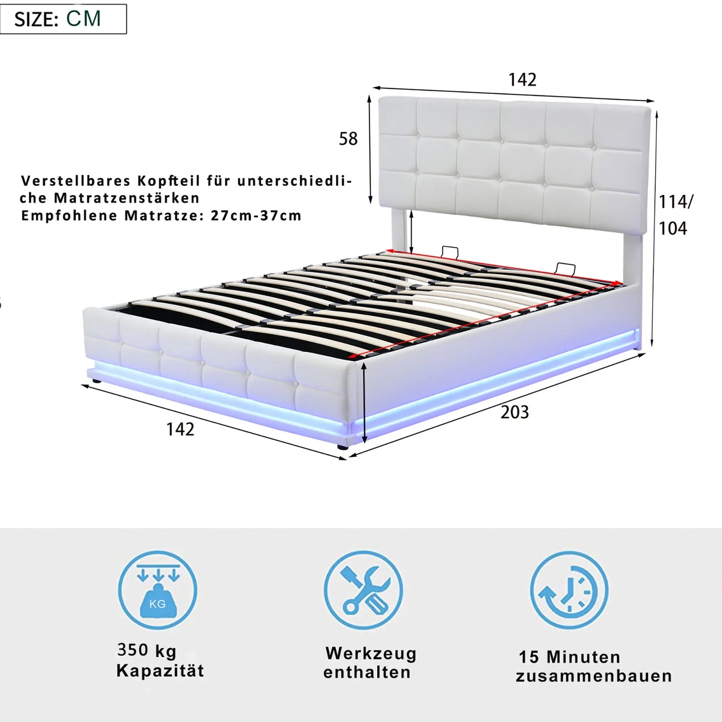 Led Bed – Tweepersoonsbed – Opbergbed – Gestoffeerd Bed – Sfeerverlichting – Hydraulisch Hefmechanisme – Hoog Draagvermogen - 140 x 200 cm