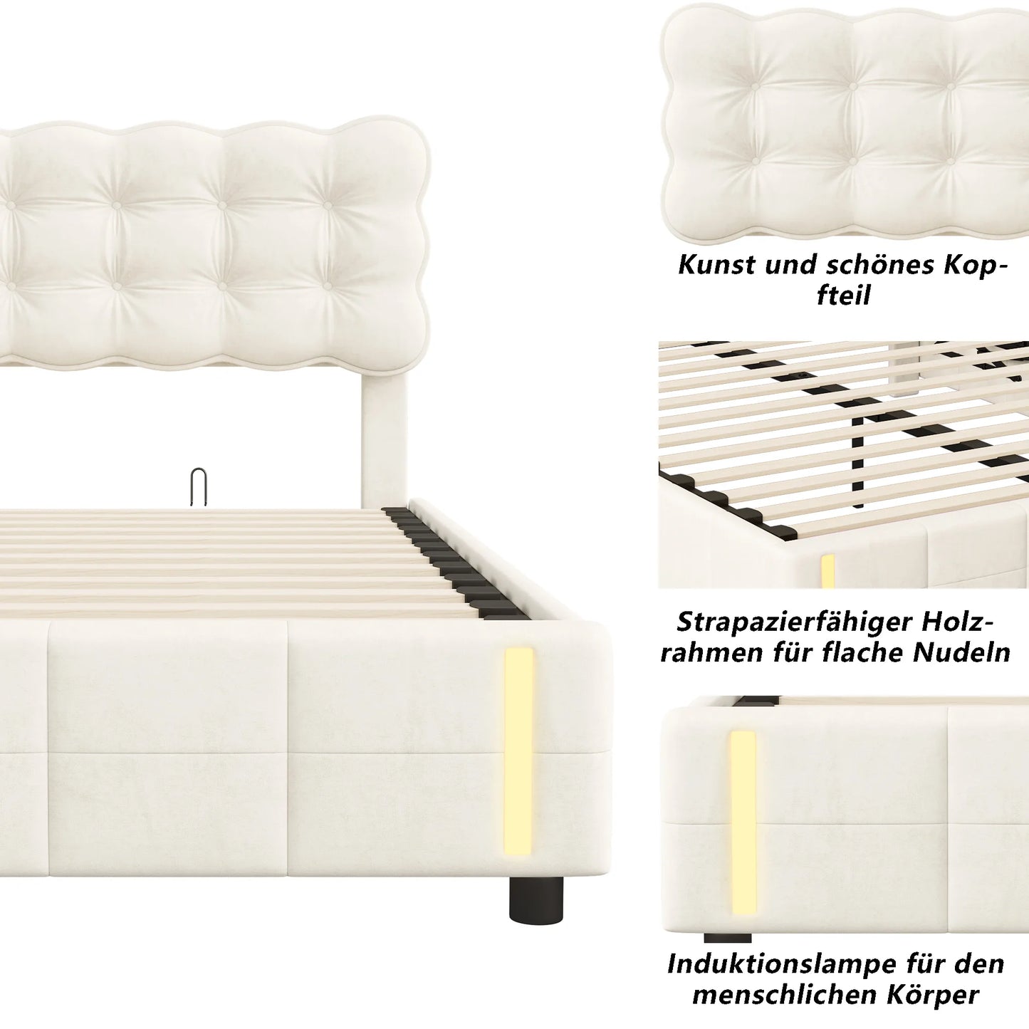 Bedframe – Gestoffeerd Bed – Velvet Bed – Opbergbed – Hydraulisch Liftbaar – Instelbare LED-Verlichting – Hout Metaal MDF - 140 x 200 cm