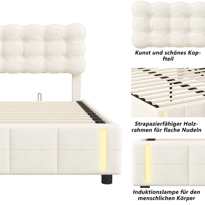 Bedframe – Gestoffeerd Bed – Velvet Bed – Opbergbed – Hydraulisch Liftbaar – Instelbare LED-Verlichting – Hout Metaal MDF - 140 x 200 cm