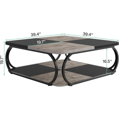 Koffietafel – Salontafel – Bijzettafel – Woonkamertafel – Dubbel Blad – Met Opbergruimte – Met Verstelbare Voetjes - 100 x 100 x 50 cm - Zwart Rustiek Grijs