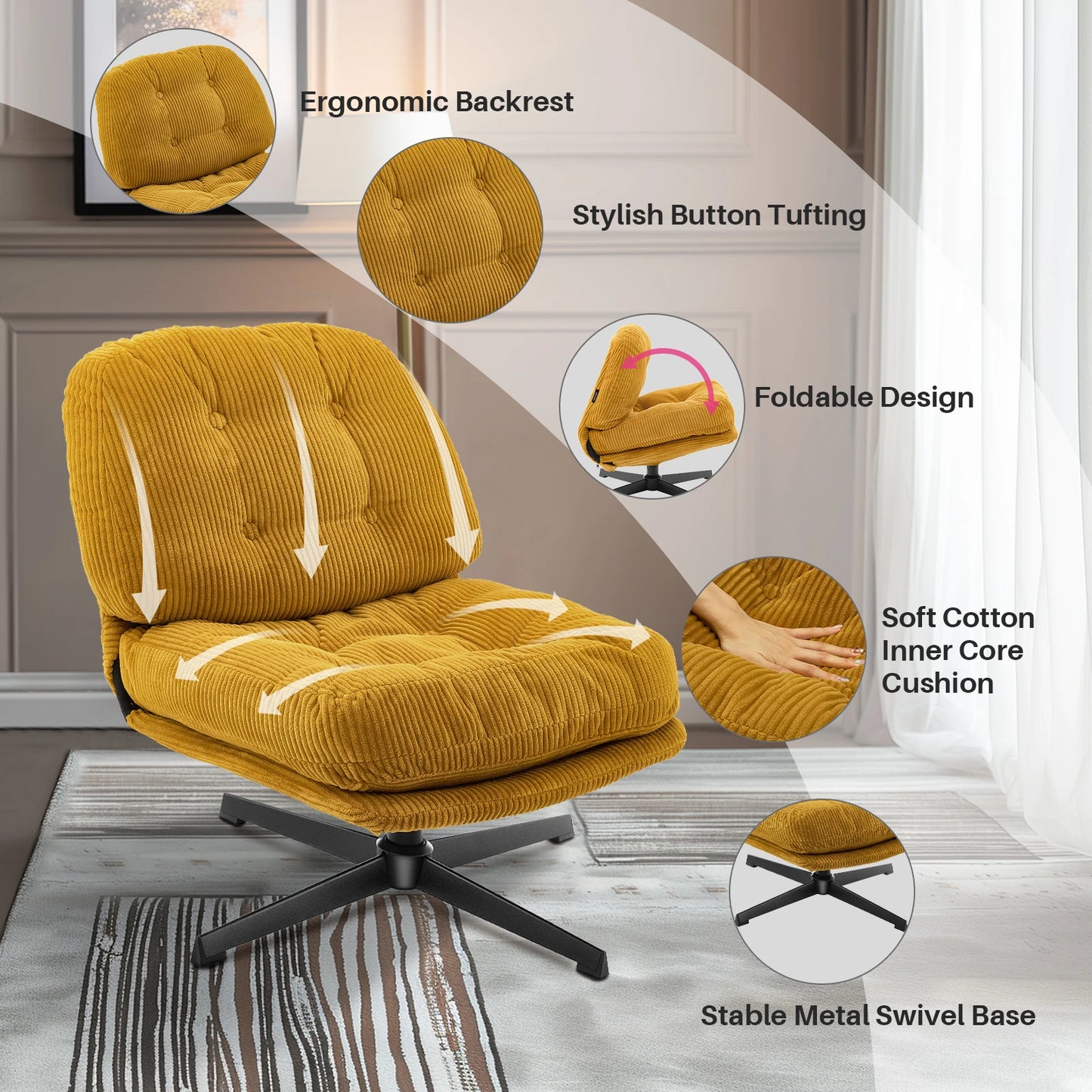Relaxstoel - Schommelstoel - Fauteuil - Loungestoel - Moderne Vouwbare Accent Stoel -  360° Draaibaar Tufted Luil stoel - met Dikke Kussen en Ottoman voor Woonkamer - Chocolade