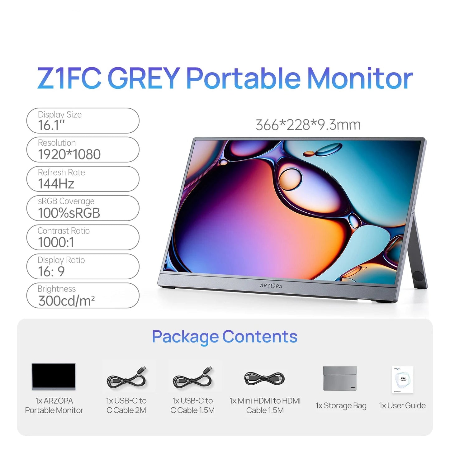 Draagbare Gaming Monitor – Extern Scherm – Portable Display – Tweede Monitor – Full HD 16,1 inch – 144 Hz Verversingssnelheid – 100% sRGB Kleurbereik – Ultra Dun Aluminium Design – Inclusief Waterdichte Opbergtas