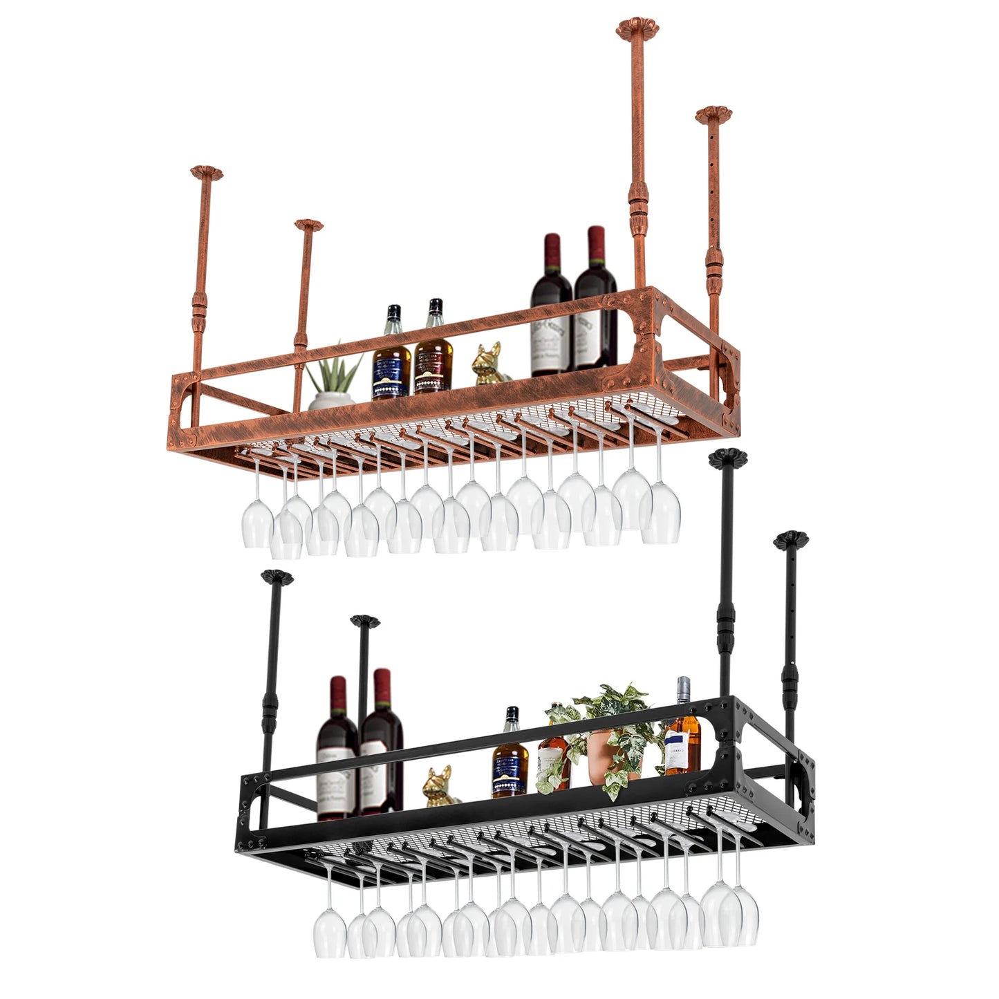 Wijnrek – Flessenrek – Glazenhouder – Wijnhouder – Wijnkast – Industrieel Vintage Design – Plafondmontage – Stevig IJzeren Materiaal – Ruimtebesparend 100 cm