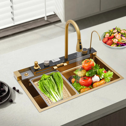 Gouden Keukenspoelbak – Spoelbak – Keukenspoelbak – Spoelbak Met Kraan – RVS Spoelbak – Uitrekbare Kraan 60 cm – Ingebouwde Zeepdispenser
