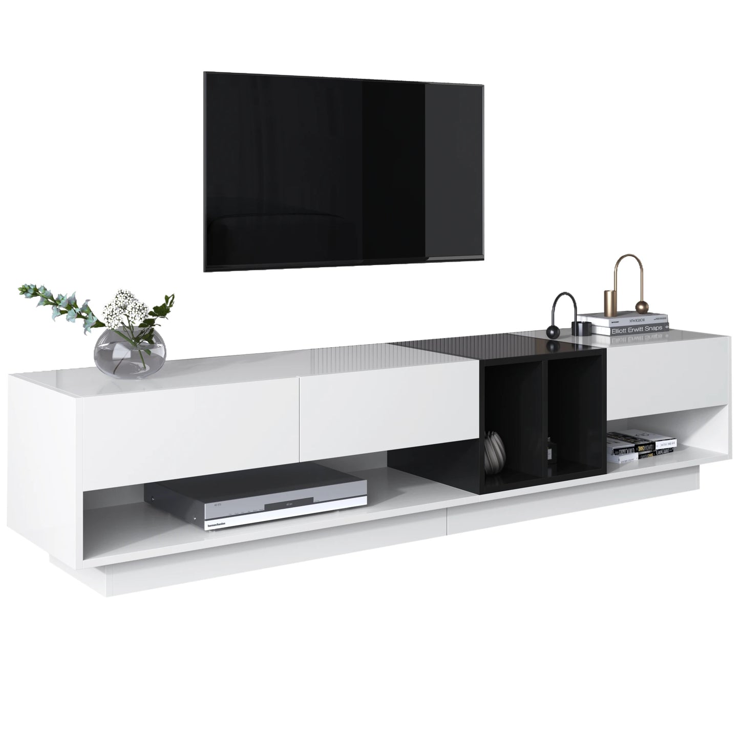 Tv-Meubel – Tv-Kast – Lowboard – Opbergkast – Mediameubel – Hoogglans Zwart-Wit – Compact Formaat – Duurzaam Spaanplaat