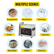 Vevor - Ultrasonic cleaner - Portable - Upgraded - Lave-Dishes - Frequency 40kHz - 220V - Cleaning device for jewelry and glasses - Stainless steel - Capacity 15L - Silver