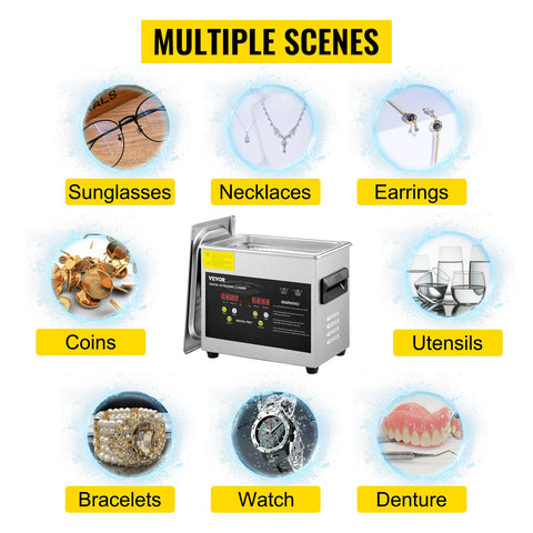 Vevor - Ultrasonic cleaner - Portable - Upgraded - Lave-Dishes - Frequency 40kHz - 220V - Cleaning device for jewelry and glasses - Stainless steel - Capacity 15L - Silver