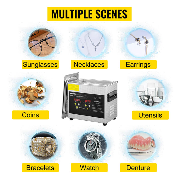 Vevor - Ultrasonic cleaner - Portable - Upgraded - Lave-Dishes - Frequency 40kHz - 220V - Cleaning device for jewelry and glasses - Stainless steel - Capacity 15L - Silver