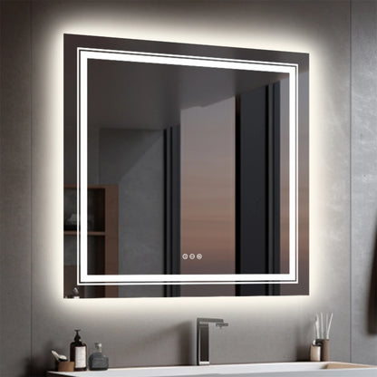 Spiegel - Badkamerspiegel - Make-upspiegel - Vierkant Spiegel - met Dimbare Verlichte - 3 Kleuren - Aanraaksensor - Voorruitverluchting - IP65 Waterdichte - 110-240V - 80 x 80 cm - QUORE