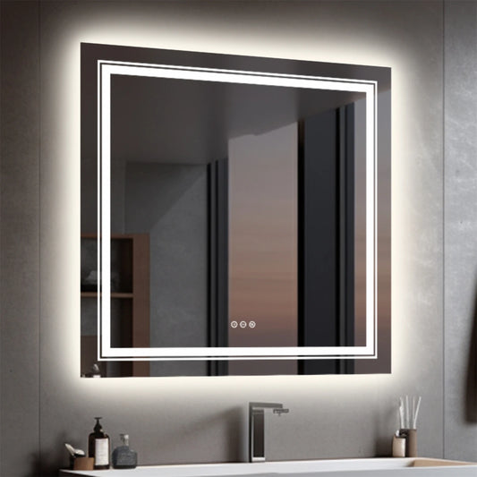Spiegel - Badkamerspiegel - Make-upspiegel - Vierkant Spiegel - met Dimbare Verlichte - 3 Kleuren - Aanraaksensor - Voorruitverluchting - IP65 Waterdichte - 110-240V - 90 x 90 cm