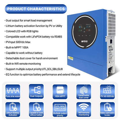 Zonnelader – Zonne-energieomvormer – Solar Inverter – Hybride Omvormer – Zonnepaneel Controller – MPPT 100A – Pure Sinusgolf Uitgang – Ingebouwde WiFi – Werkt Zonder Accu