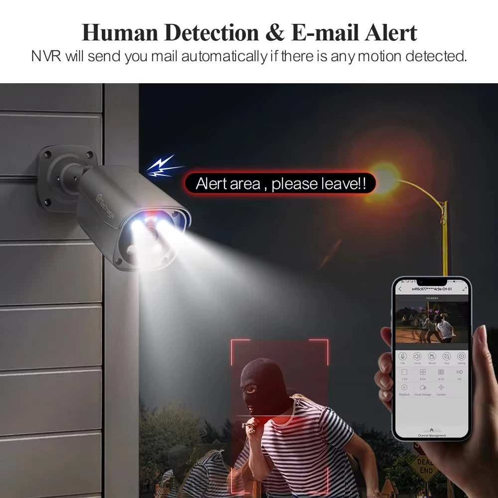 8-kanaals CCTV systeem – Bewakingscamera Set – IP Beveiligingscamera – NVR Recorder – POE Camera – 6× 5MP Beeldkwaliteit – AI Bewegingsdetectie & Tweeweg Audio - Geen Ingebouwde HDD - QUORE
