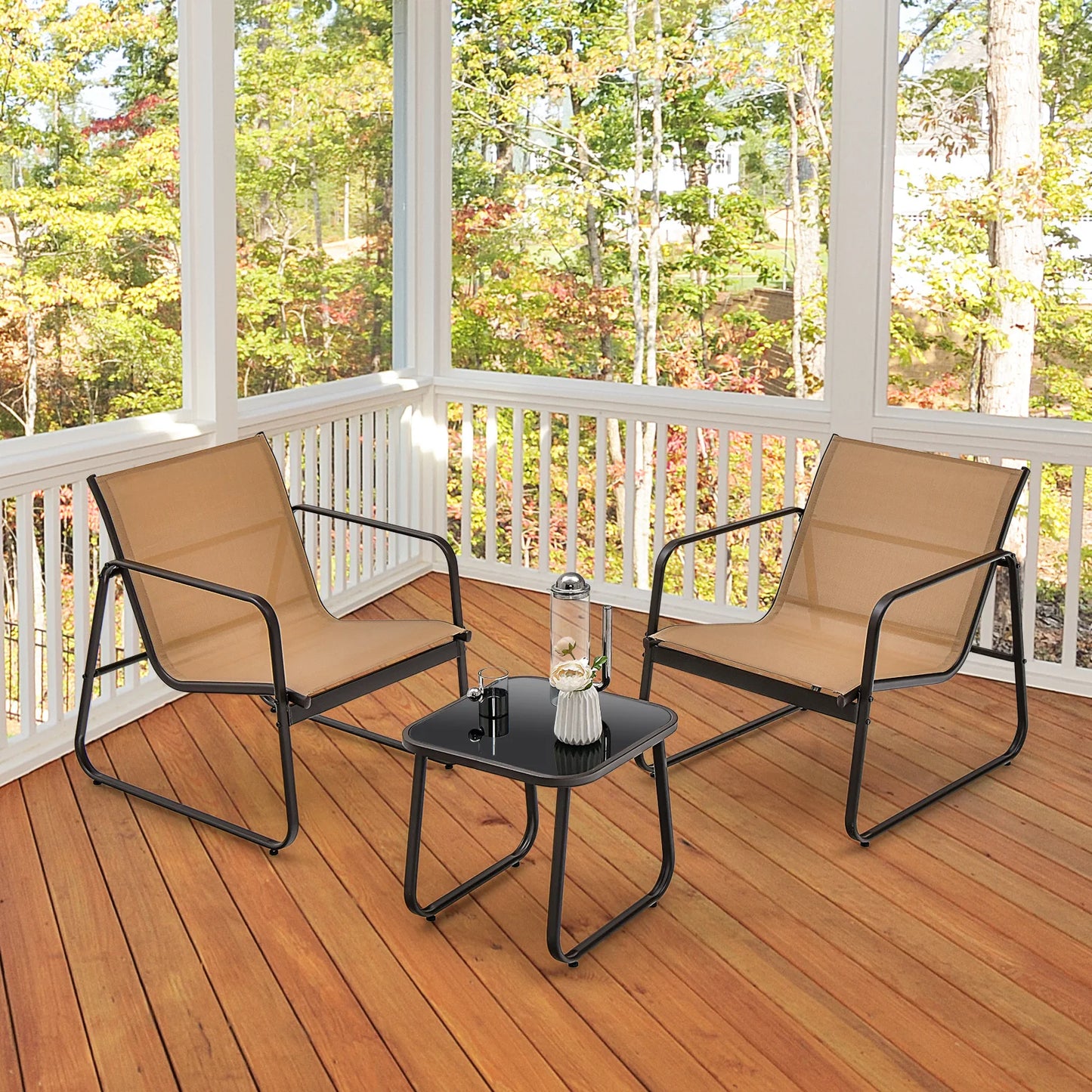 3-delige tuinmeubelset - balkonset met 2 stoelen en tafel - balkonmeubels met ademende stof - terrasmeubels - tuingarnituur - zitgroep voor terras - balkon - tuin - bruin - QUORE