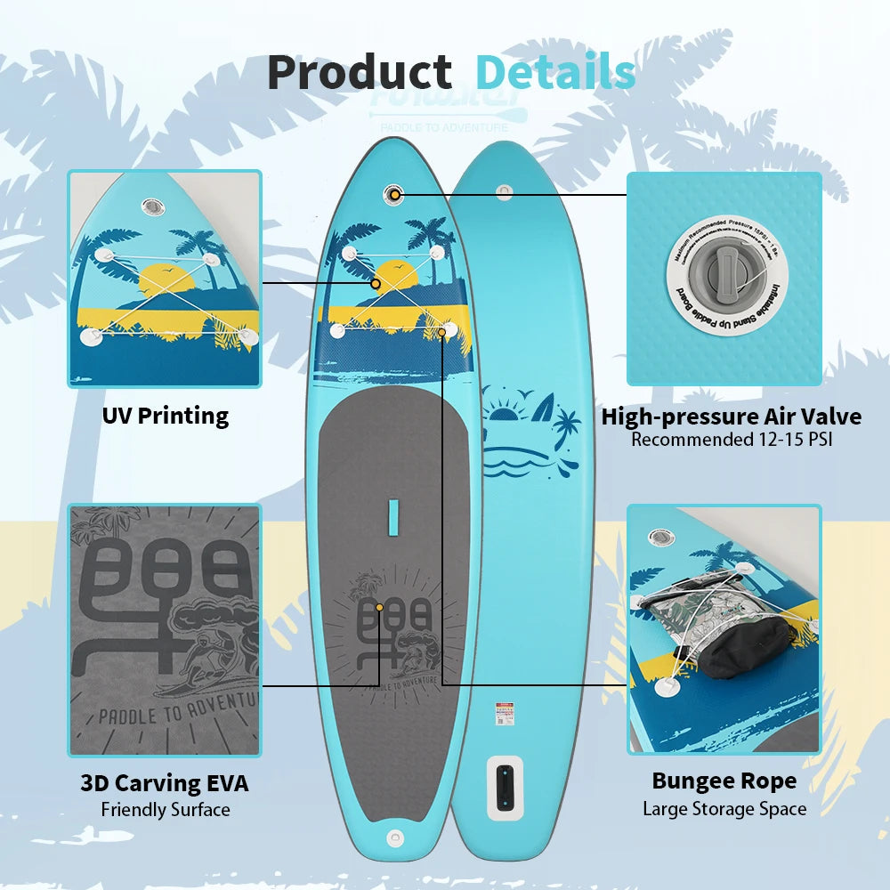 Supboard - Paddle Board - Peddelplank - Surfplank - Opblaasbaar - Inc. Peddel - Vin - Leash - Riem - Handpomp - Rugzak - 335 x 84 x 15 cm - Turkoois & Grijs